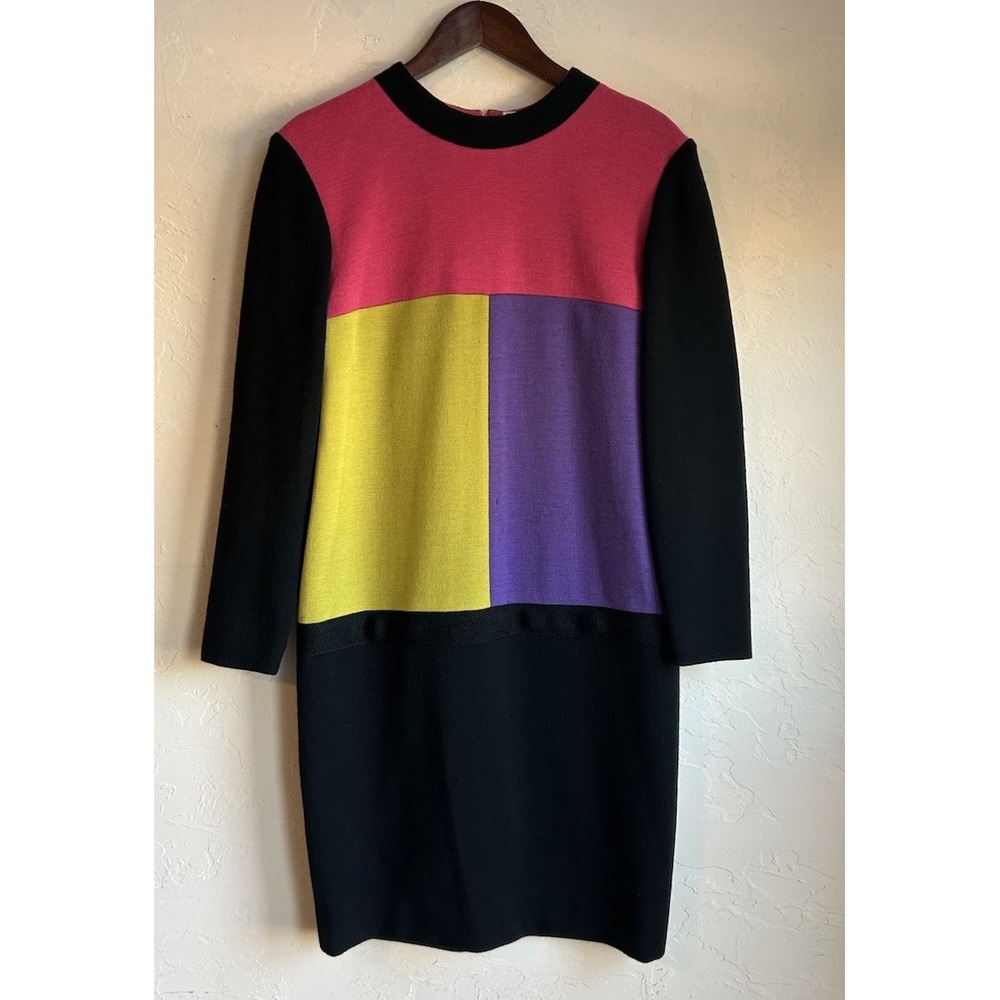 Vintage 1970s Guy Laroche Paris Mod Colorblock Wool Shift Dress FR 40 10 US